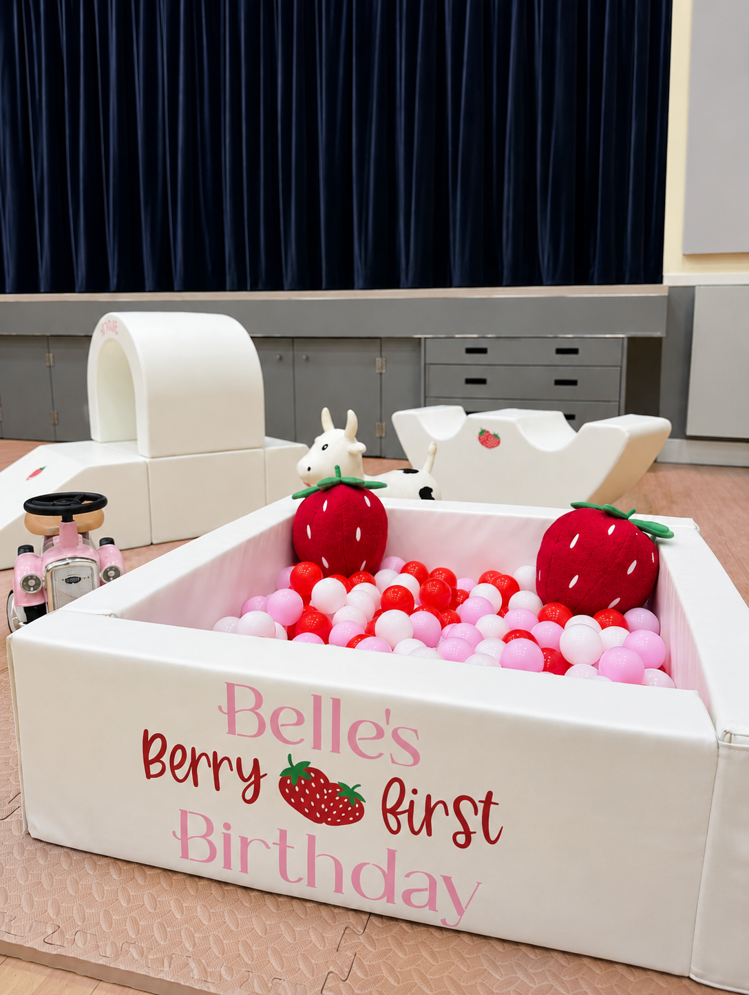 Belle's Berry First Birthday — strawberry themed soft play with personalised vinyl
